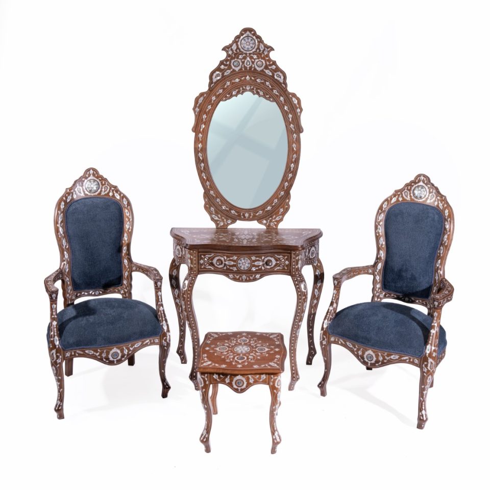 Mother-of-Pearl Vanity Set with Upholstered Chairs